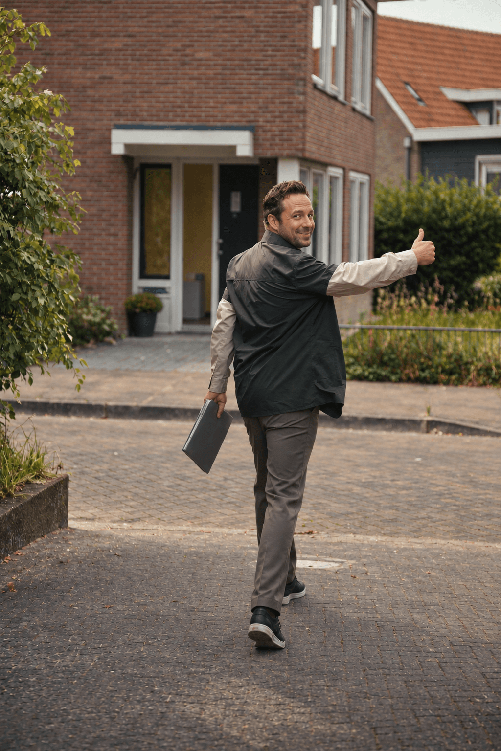Een medewerker van Gijs loopt tevreden bij een woning vandaan