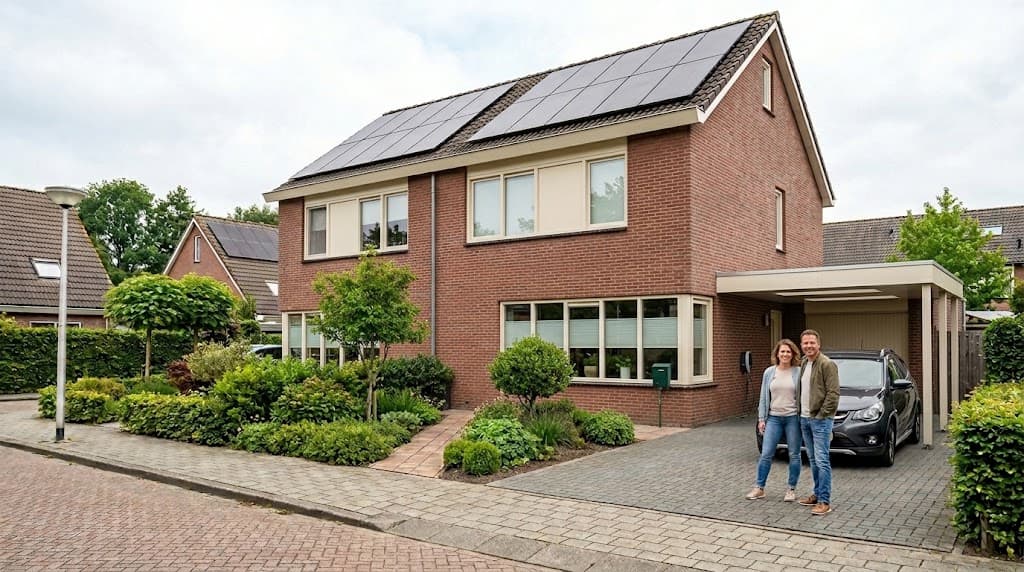Bewoners bij hun woning met zonnepanelen