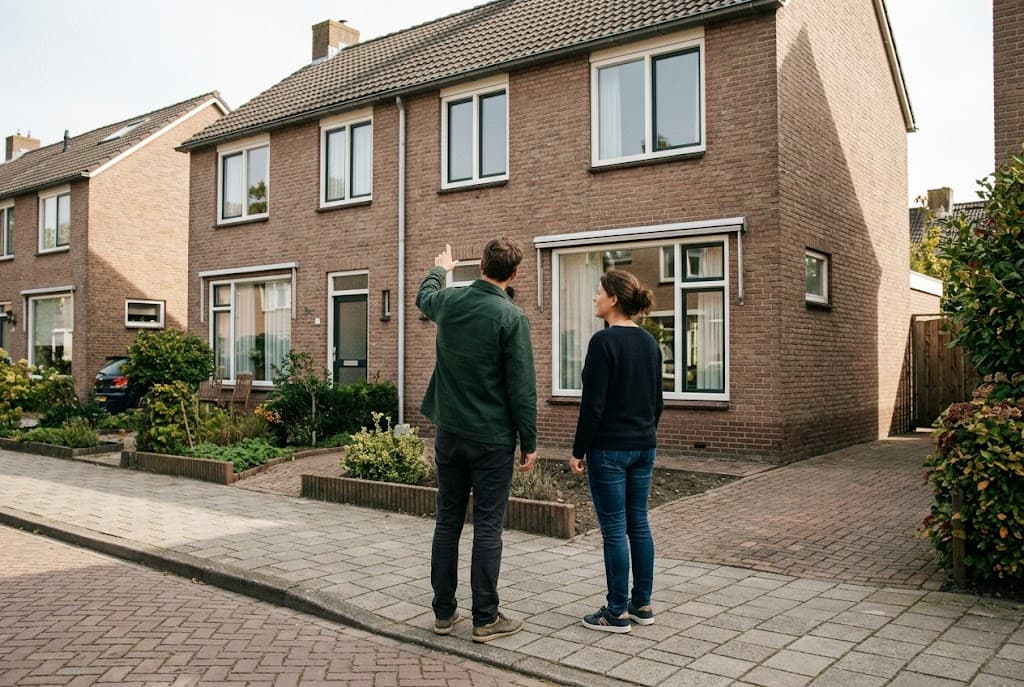 Twee bewoners bekijken samen hun woning vanaf de stoep